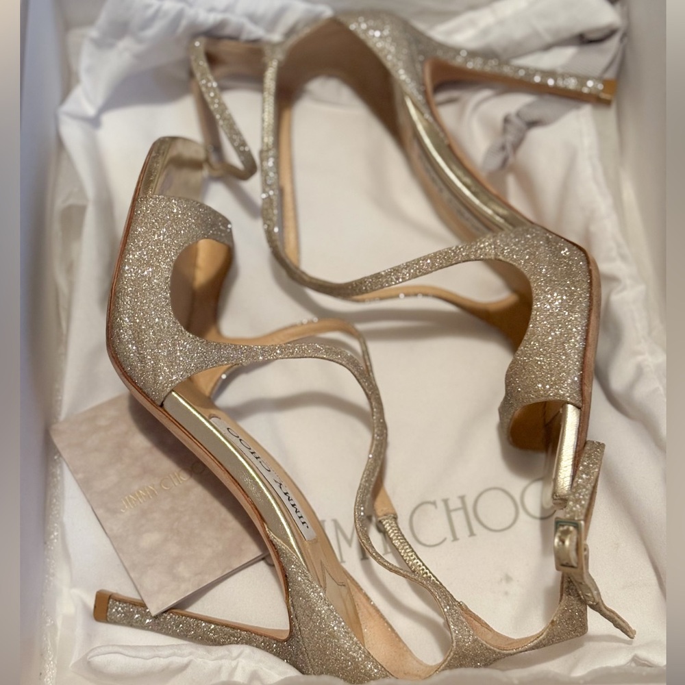 Jimmy Choo Azia 95 Dusty Glitter Sandals Platinum Ice 36 1/2